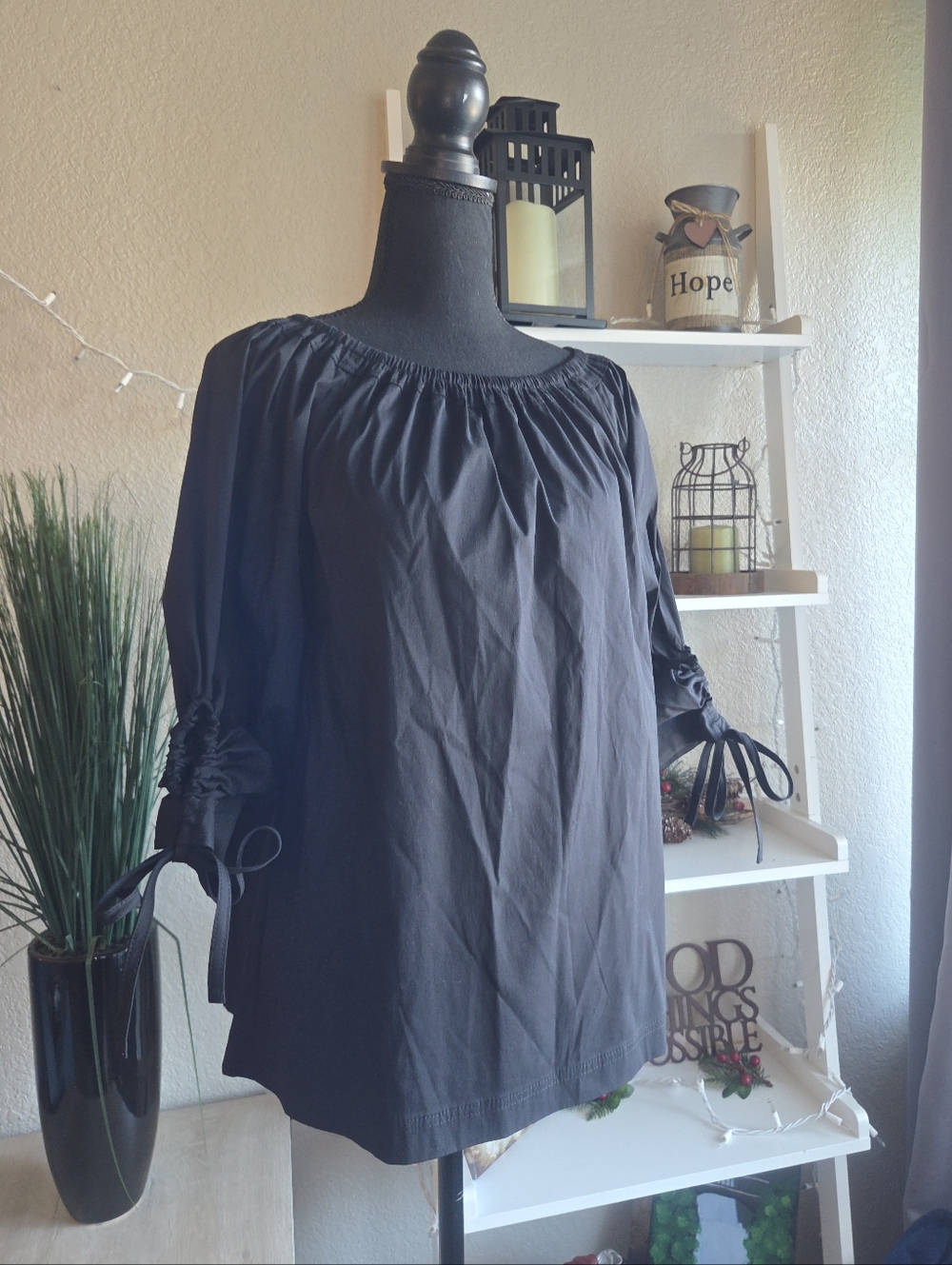NWT!!! Lafayette 148 New York Black Peasant Blouse with Tie Sleeves
